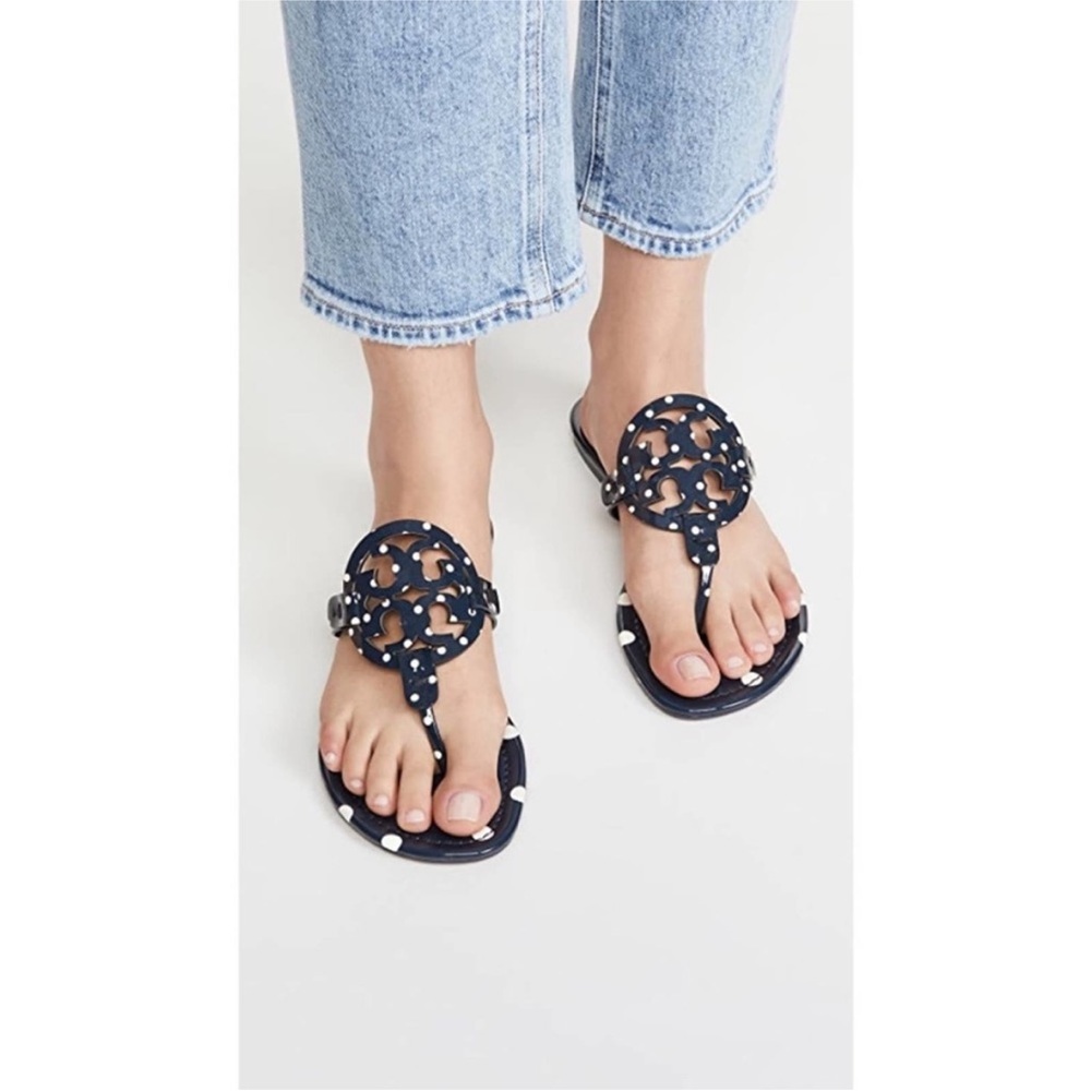 Tory Burch Miller Thong Sandals Patent Leather Navy Classic Polka Dot sz 7